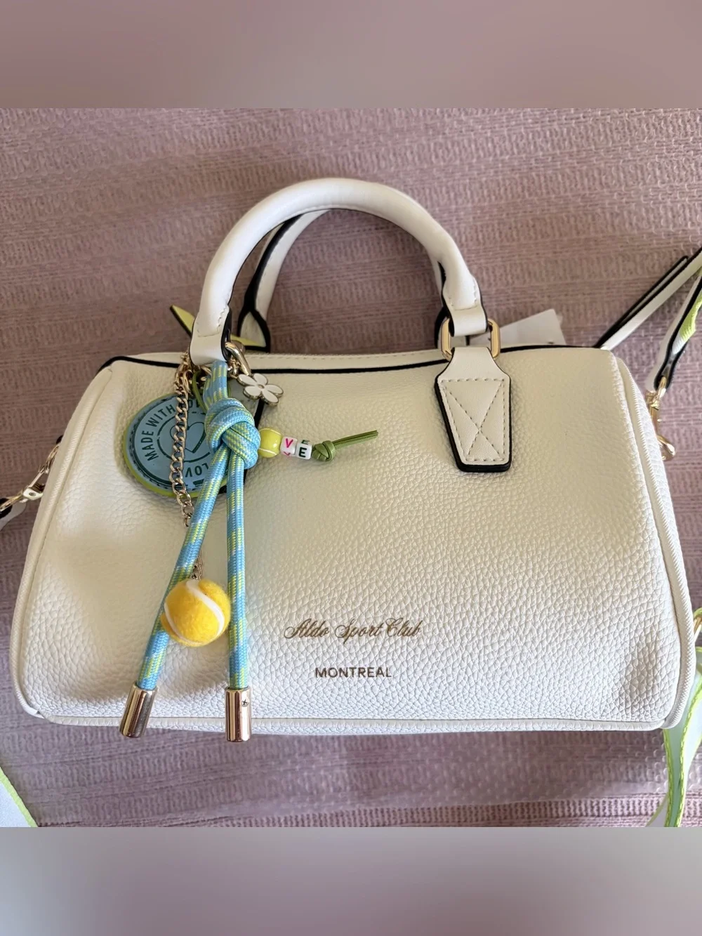 Aldo White Pebbled Satchel with Lime-Trim Strap